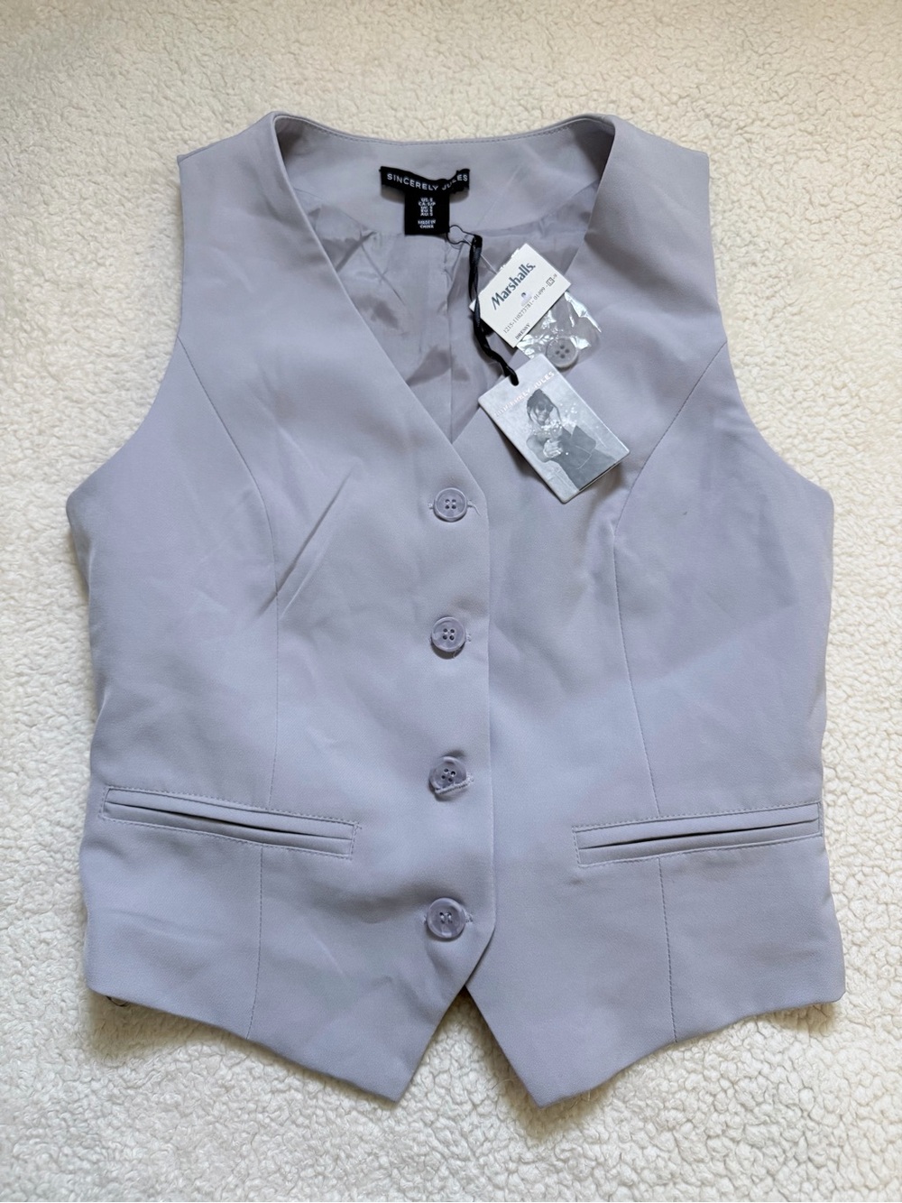 Sincerly Jules Lavender Gray Button Front Vest